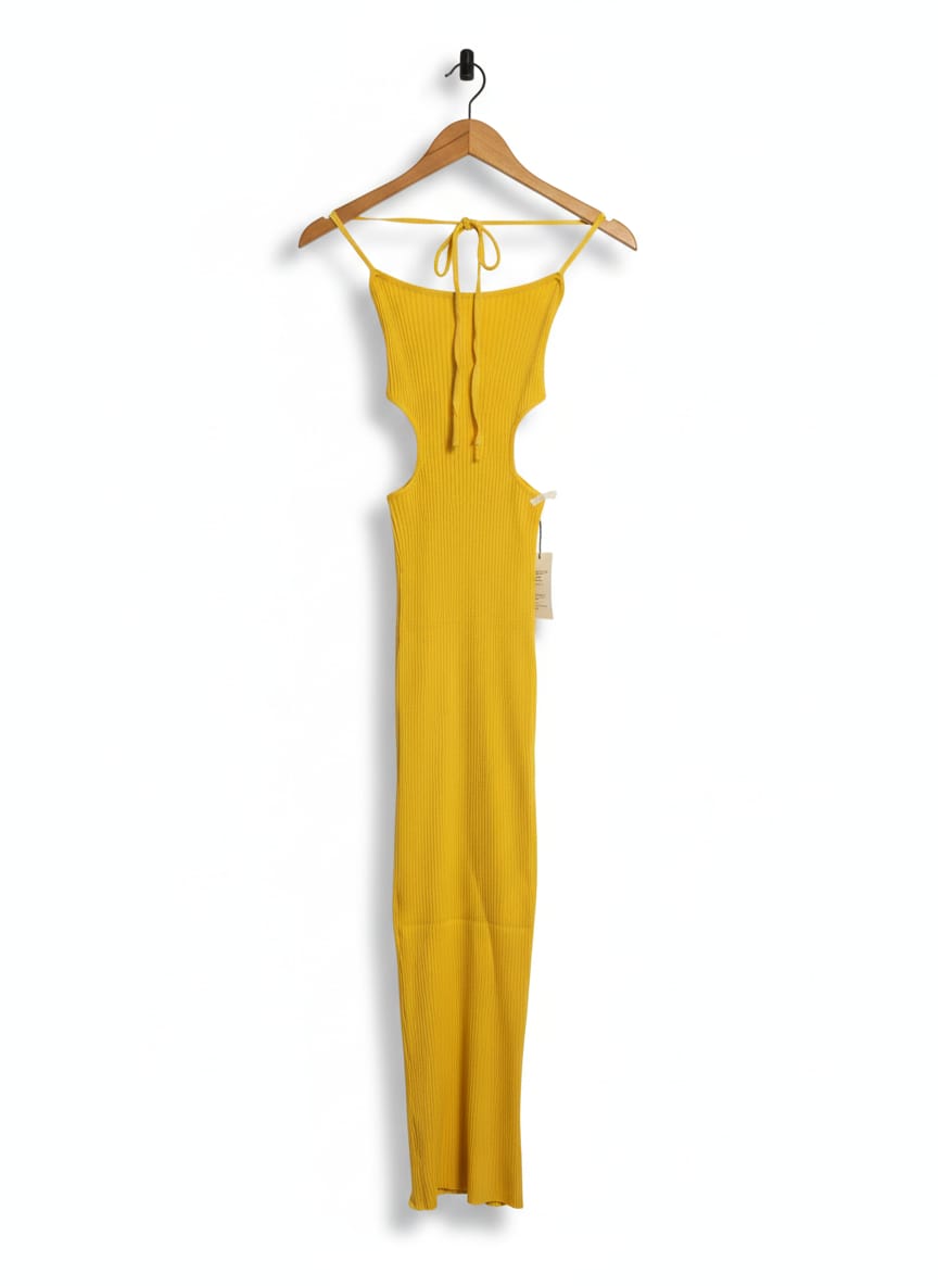 MESHKI |XS| BUST 9| VIBRANT YELLOW RIBBED HALTER CUT-OUT MAXI DRESS