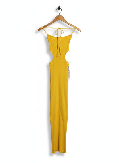 MESHKI |XS| BUST 9| VIBRANT YELLOW RIBBED HALTER CUT-OUT MAXI DRESS
