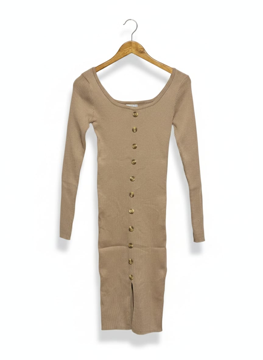 VALLEY GIRL |S| BUST 12| TAN RIBBED BUTTON-FRONT LONG SLEEVE MINI DRESS