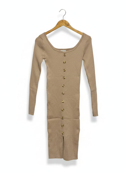 VALLEY GIRL |S| BUST 12| TAN RIBBED BUTTON-FRONT LONG SLEEVE MINI DRESS