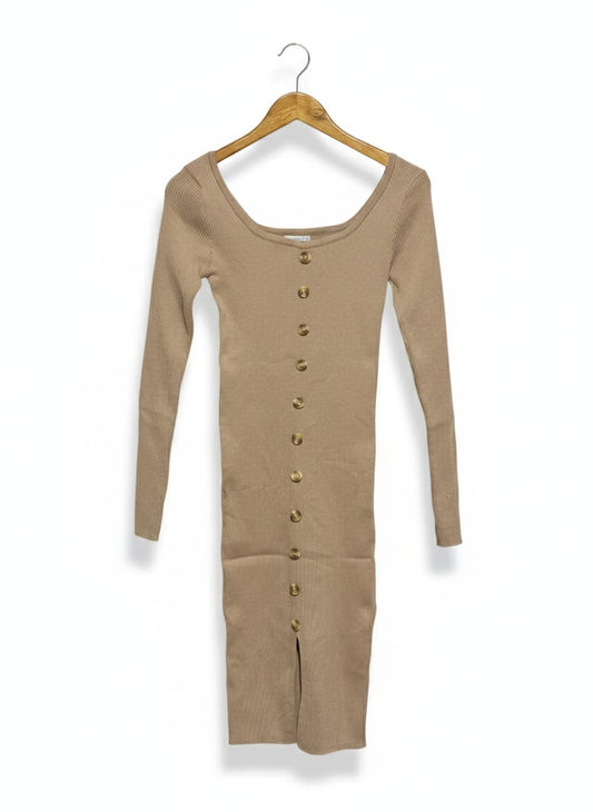 VALLEY GIRL |S| BUST 12| TAN RIBBED BUTTON-FRONT LONG SLEEVE MINI DRESS