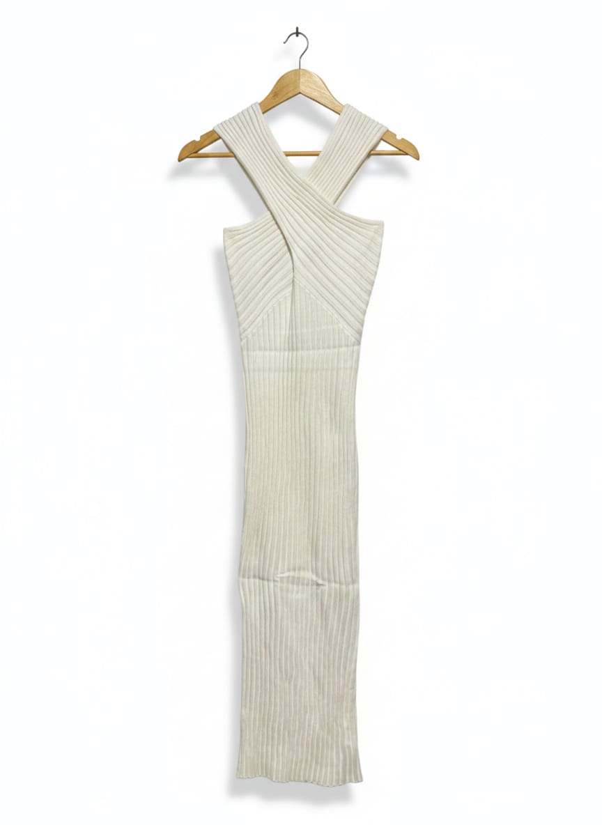 RNWY |S| BUST 13| WHITE RIBBED CRISS-CROSS HALTER MAXI DRESS