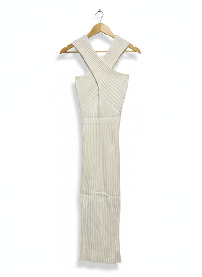 RNWY |S| BUST 13| WHITE RIBBED CRISS-CROSS HALTER MAXI DRESS