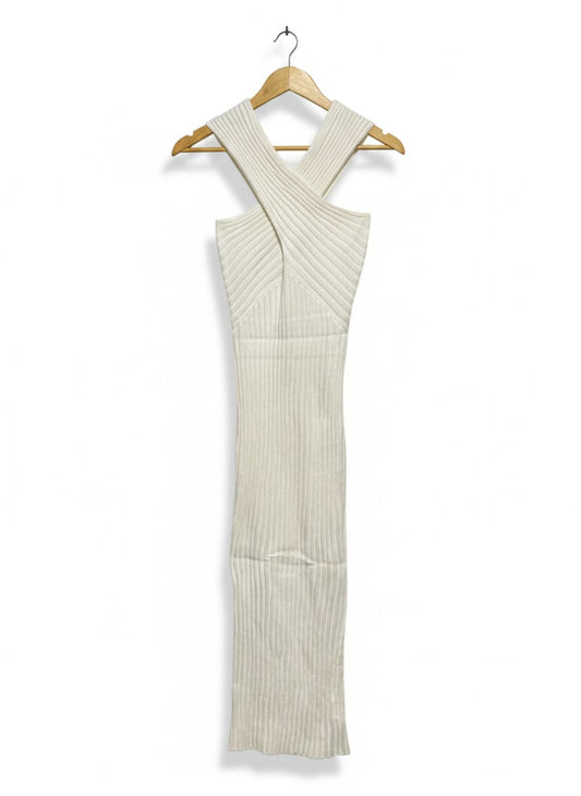 RNWY |S| BUST 13| WHITE RIBBED CRISS-CROSS HALTER MAXI DRESS