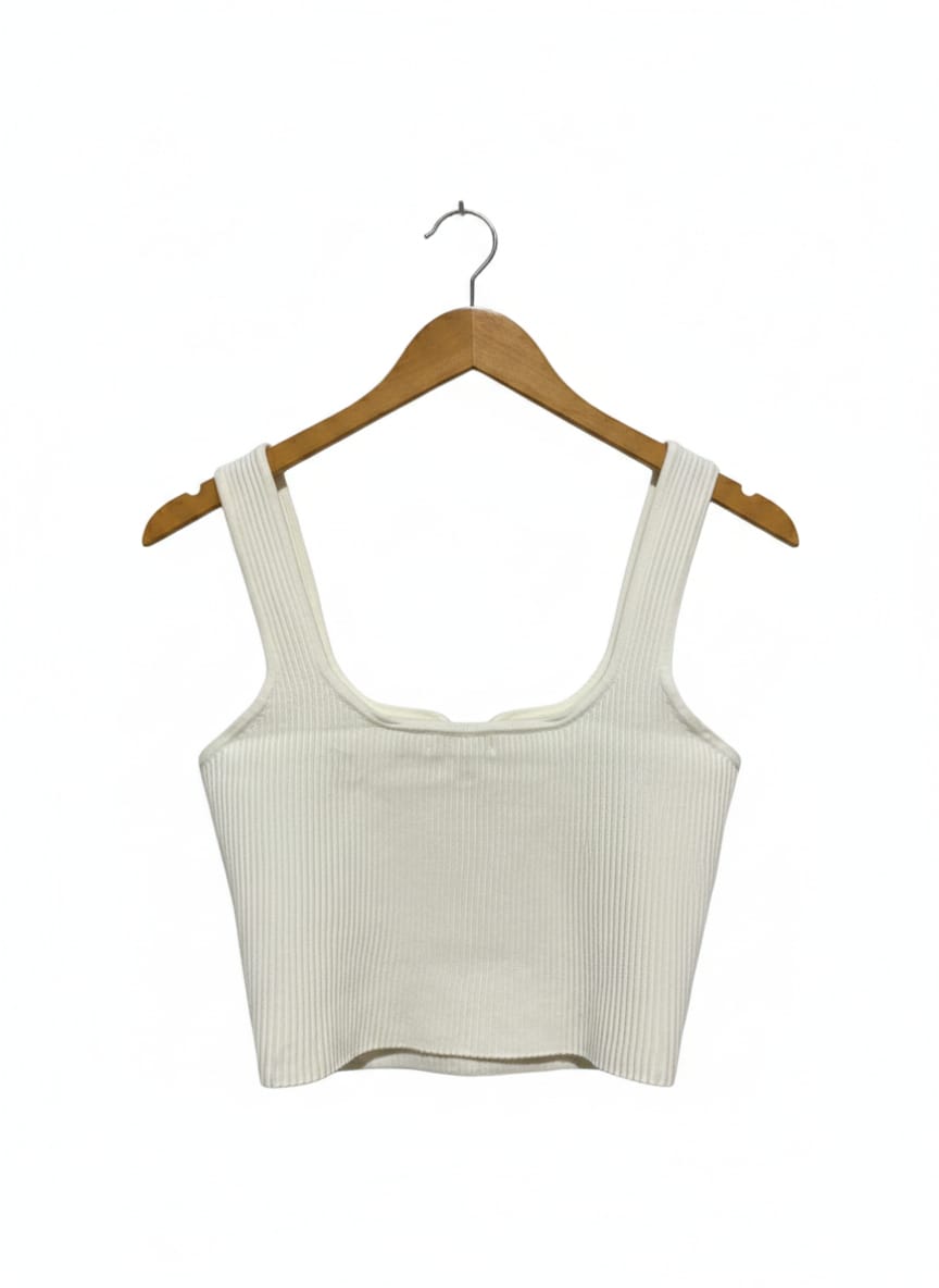 GLASSONS |M| BUST 14| WHITE RIBBED SQUARE-NECK CROP TANK