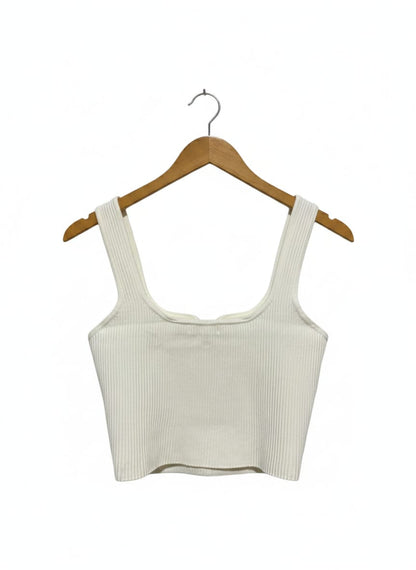 GLASSONS |M| BUST 14| WHITE RIBBED SQUARE-NECK CROP TANK
