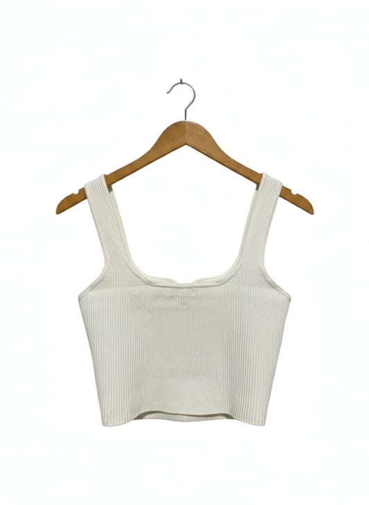 GLASSONS |M| BUST 14| WHITE RIBBED SQUARE-NECK CROP TANK