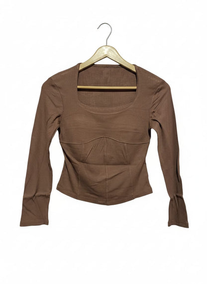 TWENTY FOUR SEVEN |S| BUST 14|B12| BROWN RIBBED SQUARE-NECK CORSET TOP