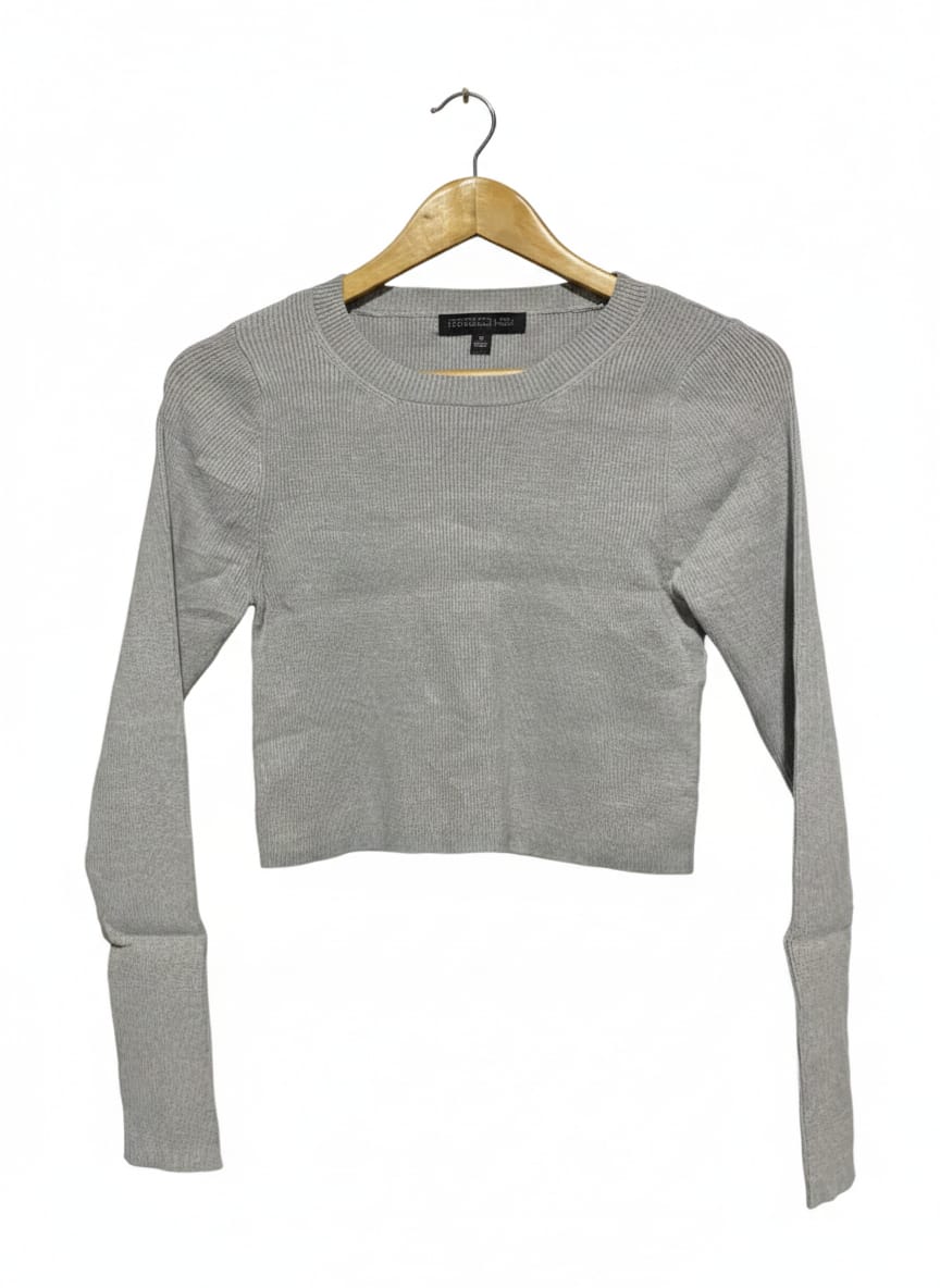 FOREVER NEW |M| BUST 14| HEATHER GREY RIBBED LONG-SLEEVE CROP TOP