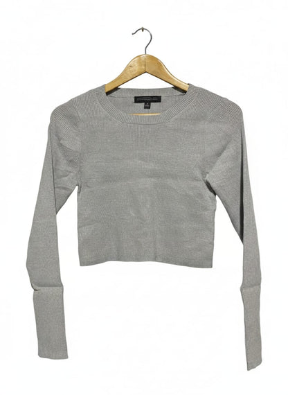FOREVER NEW |M| BUST 14| HEATHER GREY RIBBED LONG-SLEEVE CROP TOP