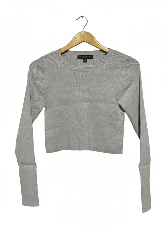 FOREVER NEW |M| BUST 14| HEATHER GREY RIBBED LONG-SLEEVE CROP TOP