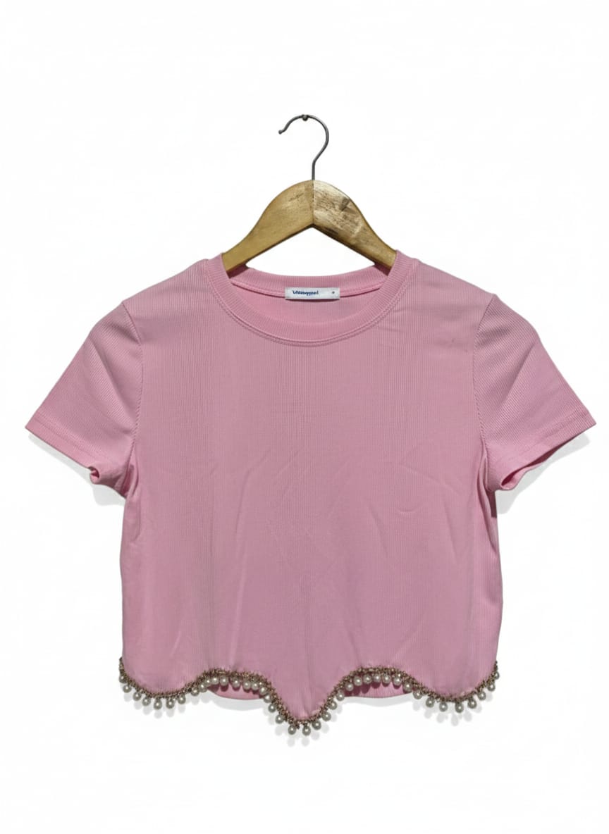 VALLEY GIRL |M| BUST 16| BABY PINK SCALLOPED PEARL-TRIM CROP TOP