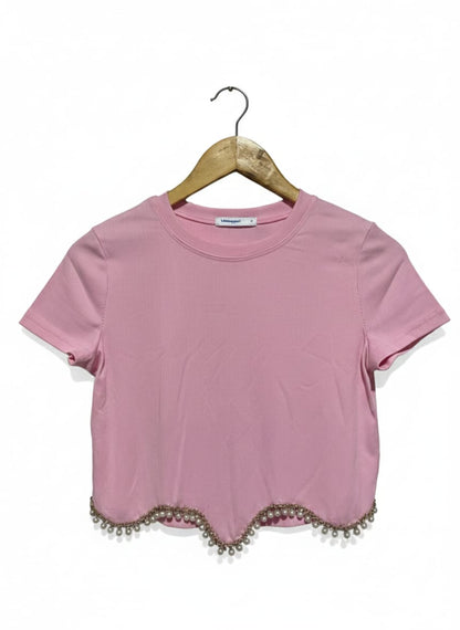 VALLEY GIRL |M| BUST 16| BABY PINK SCALLOPED PEARL-TRIM CROP TOP
