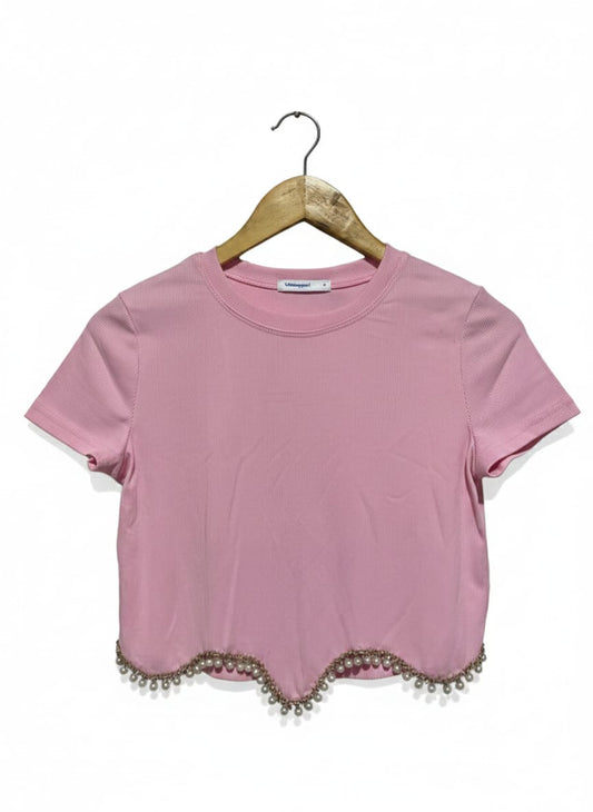 VALLEY GIRL |M| BUST 16| BABY PINK SCALLOPED PEARL-TRIM CROP TOP