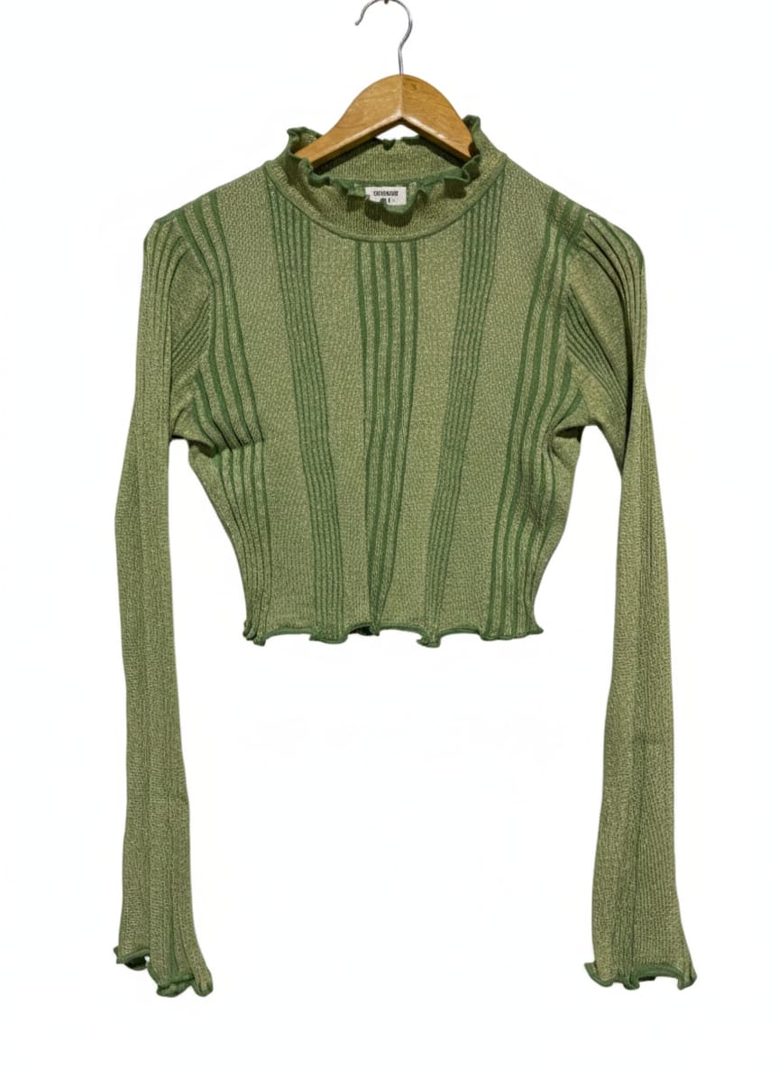 COTTON ON |S| BUST 18| SAGE GREEN RIBBED RUFFLE-TRIM CROP TOP