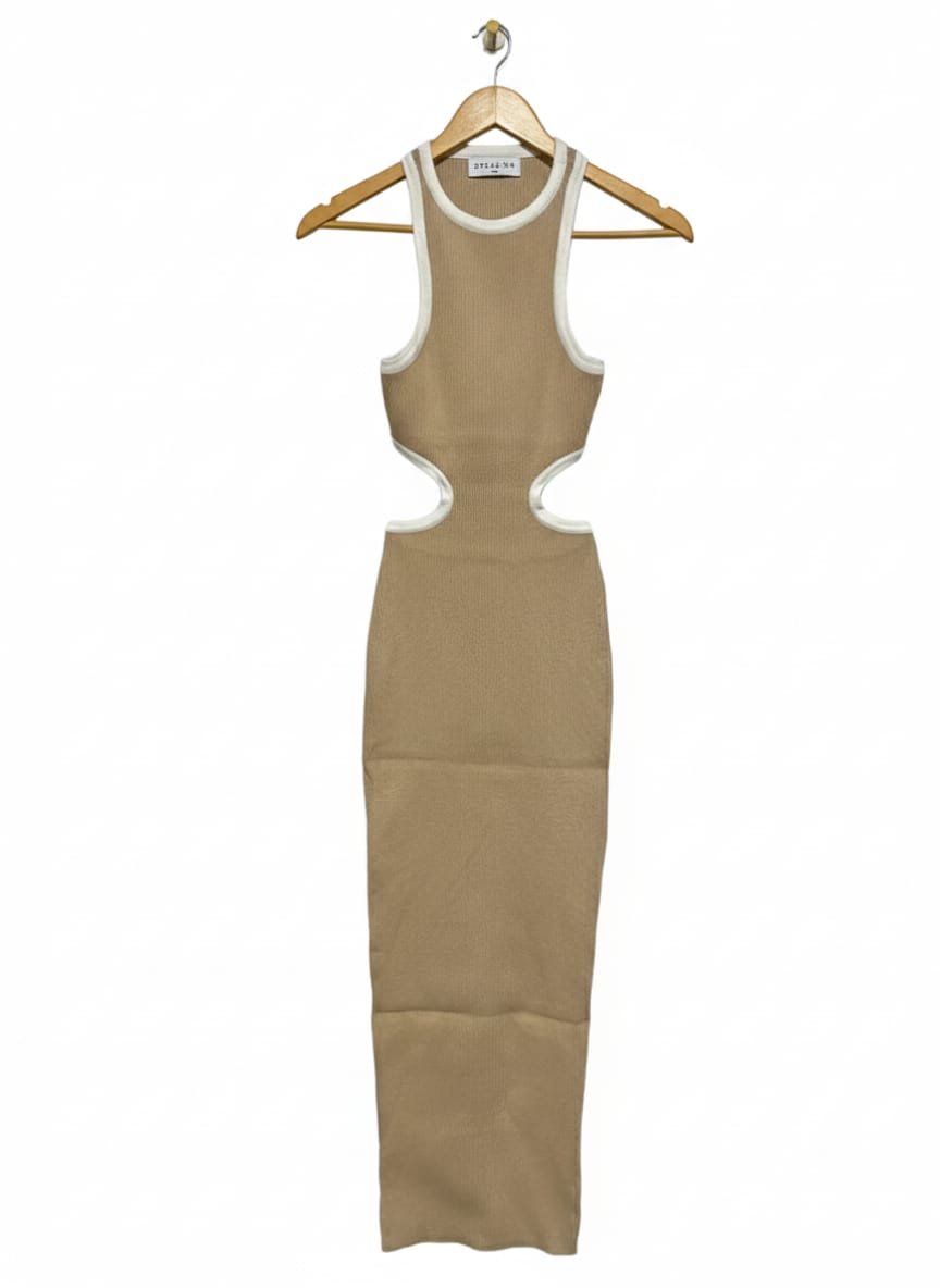 STELLINO |S/M| BUST 11| TAN RIBBED CUT-OUT RACERBACK MAXI DRESS