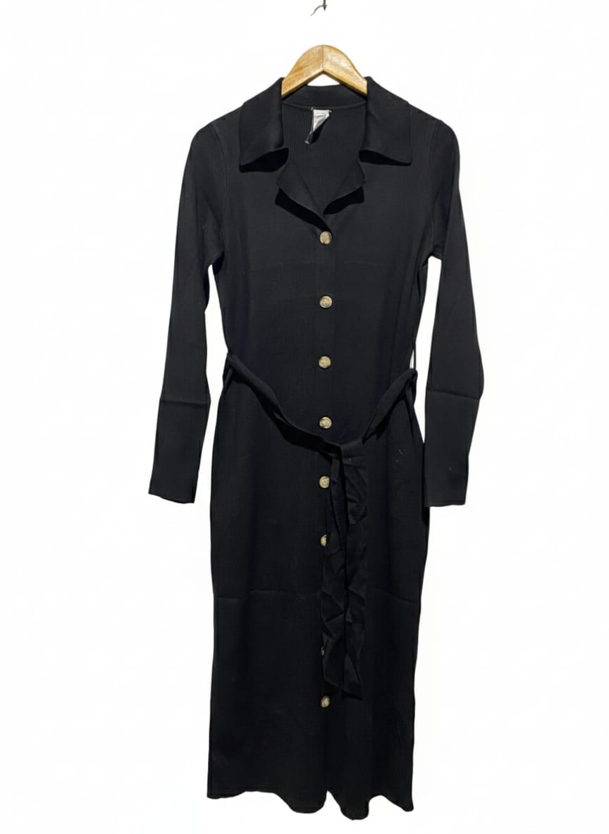 ANKO |M| BUST 16| BLACK RIBBED BUTTON-DOWN MAXI DRESS WITH BELT COLLARED NECKLINE