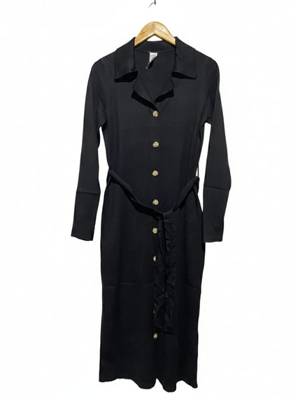 ANKO |M| BUST 16| BLACK RIBBED BUTTON-DOWN MAXI DRESS WITH BELT COLLARED NECKLINE
