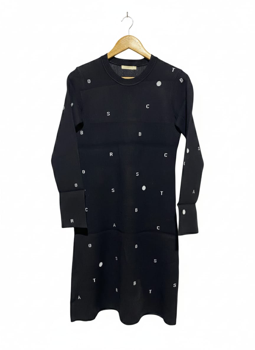 BROADCAST |M| BUST 17| BLACK KNIT LETTER-PRINT LONG SLEEVE MINI DRESS