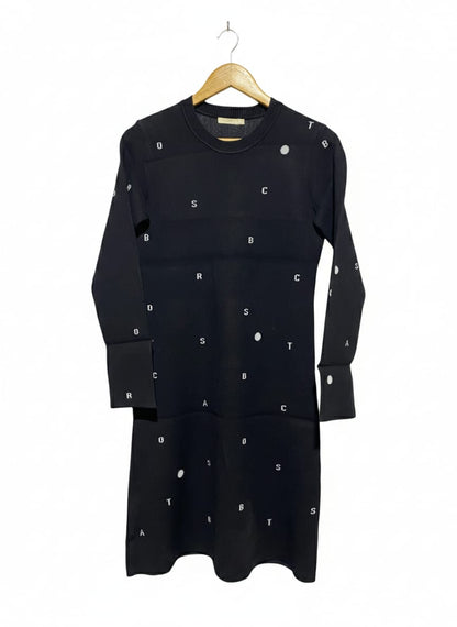 BROADCAST |M| BUST 17| BLACK KNIT LETTER-PRINT LONG SLEEVE MINI DRESS