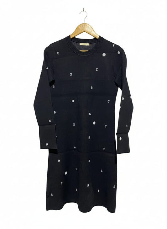 BROADCAST |M| BUST 17| BLACK KNIT LETTER-PRINT LONG SLEEVE MINI DRESS