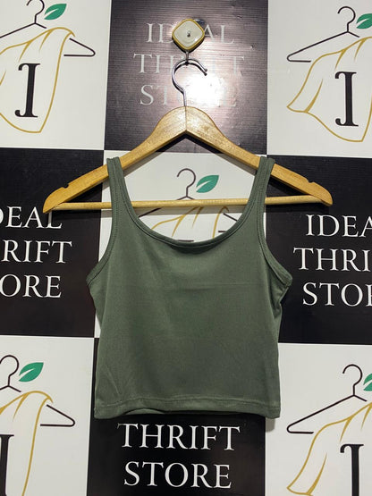 KHAKI RIBBED SCOOP NECK CROP TANK |S| BUST 13|