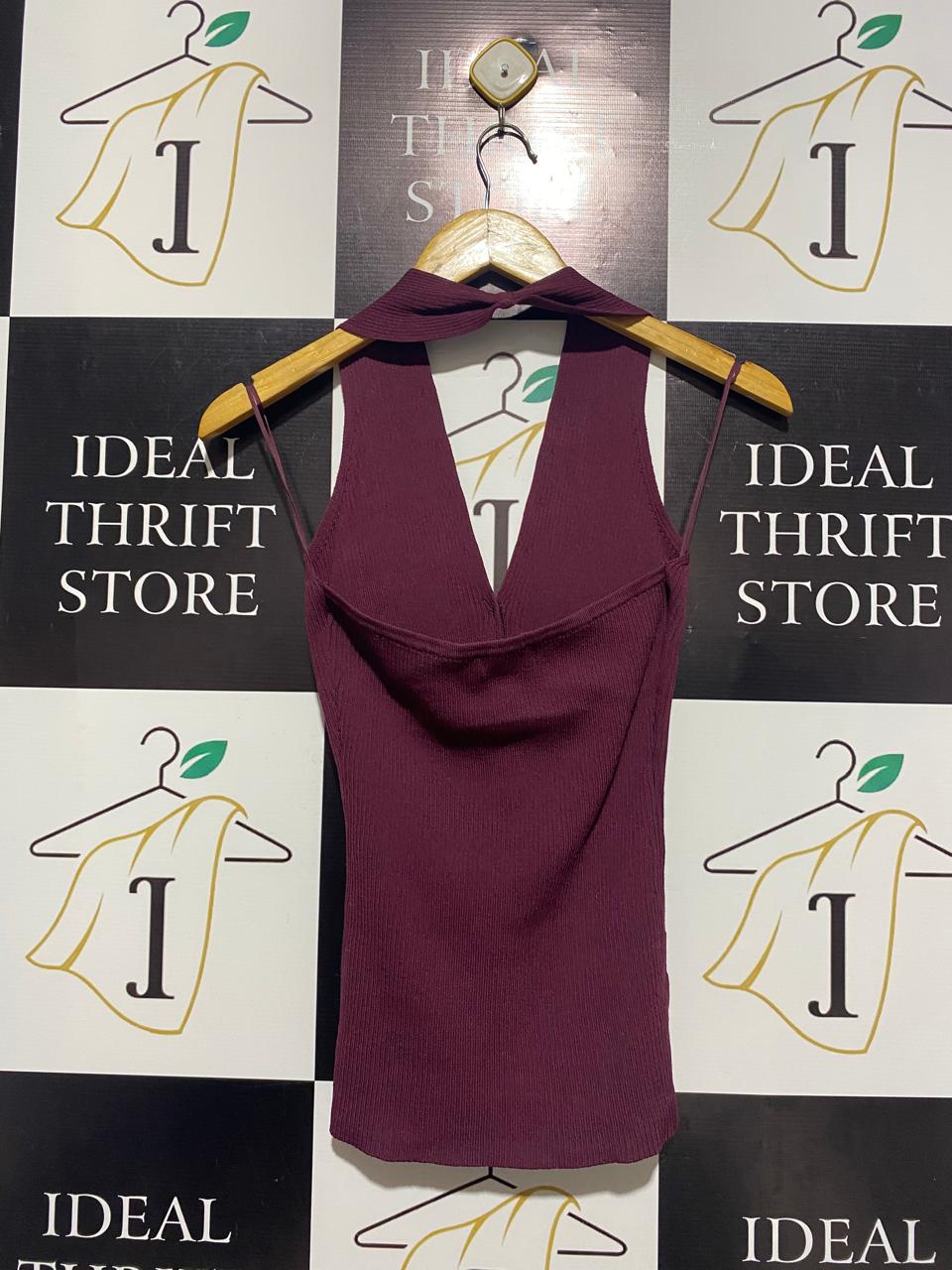 GLASSONS |M| BUST 13| PLUM HALTER-NECK BUTTON-DOWN TOP
