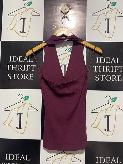 GLASSONS |M| BUST 13| PLUM HALTER-NECK BUTTON-DOWN TOP