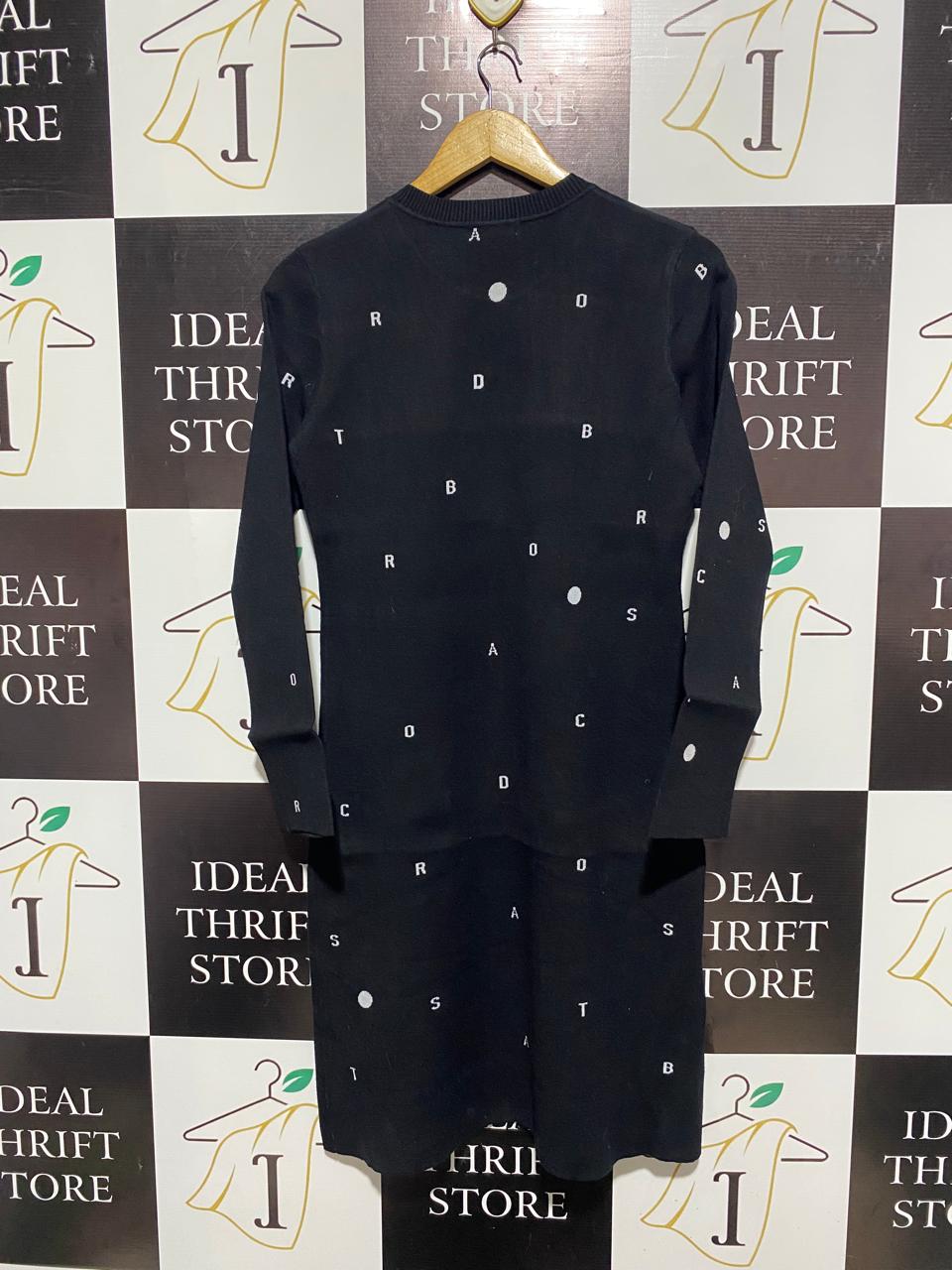 BROADCAST |M| BUST 17| BLACK KNIT LETTER-PRINT LONG SLEEVE MINI DRESS