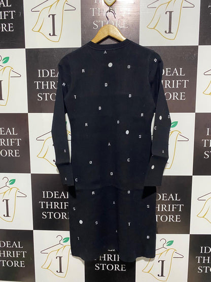 BROADCAST |M| BUST 17| BLACK KNIT LETTER-PRINT LONG SLEEVE MINI DRESS
