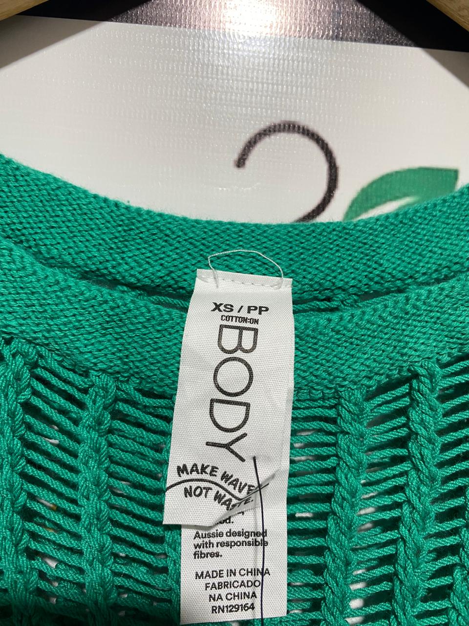 COTTON ON BODY  |XS| BUST 14| EMERALD GREEN OPEN-WEAVE CROCHET TANK TOP