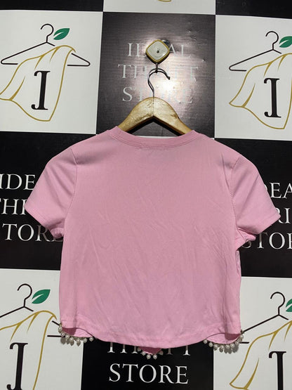 VALLEY GIRL |M| BUST 16| BABY PINK SCALLOPED PEARL-TRIM CROP TOP