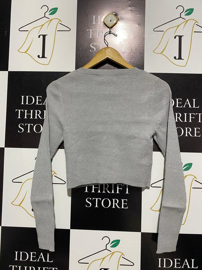 FOREVER NEW |M| BUST 14| HEATHER GREY RIBBED LONG-SLEEVE CROP TOP