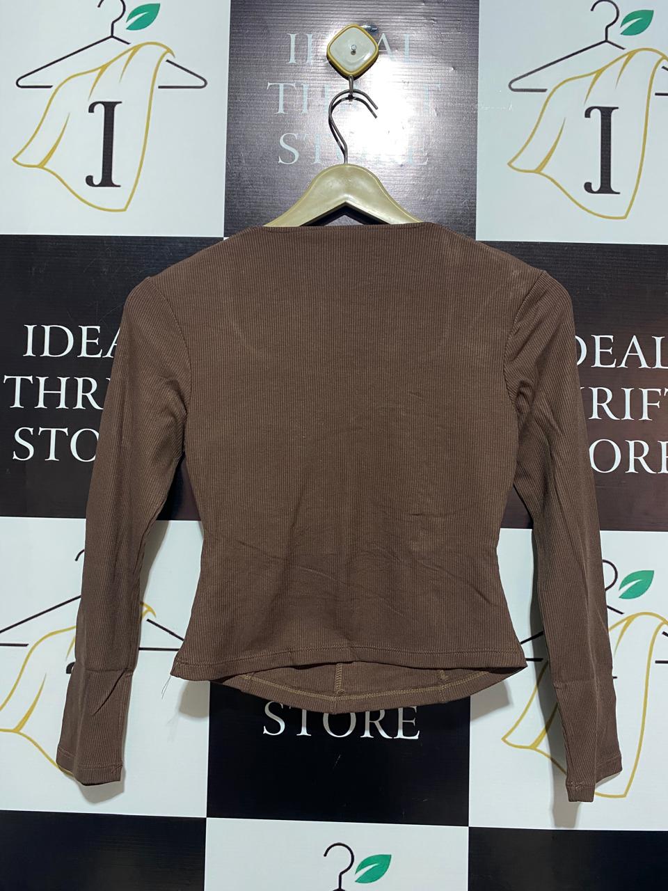 TWENTY FOUR SEVEN |S| BUST 14|B12| BROWN RIBBED SQUARE-NECK CORSET TOP