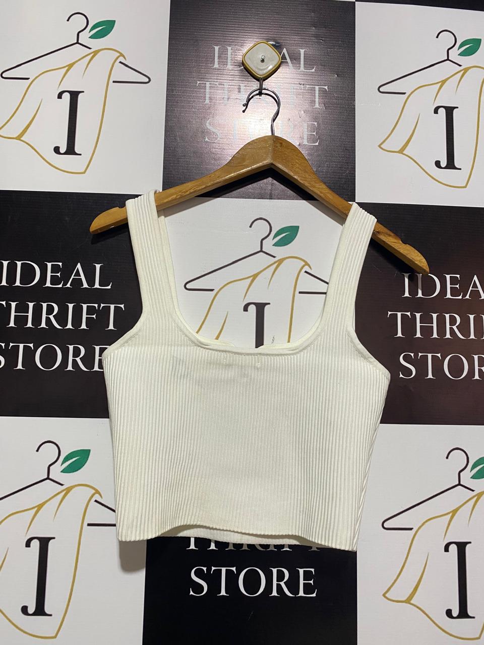 GLASSONS |M| BUST 14| WHITE RIBBED SQUARE-NECK CROP TANK