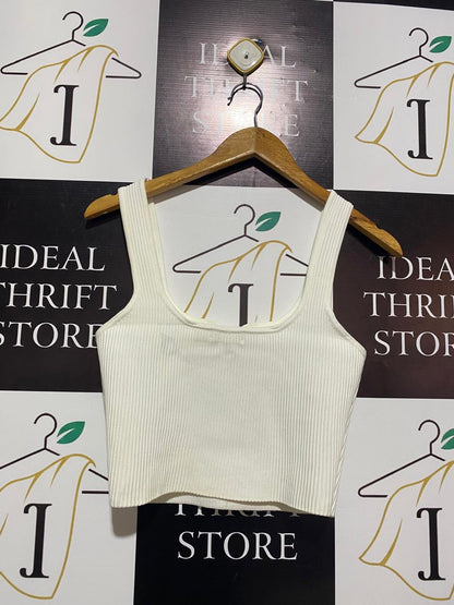 GLASSONS |M| BUST 14| WHITE RIBBED SQUARE-NECK CROP TANK