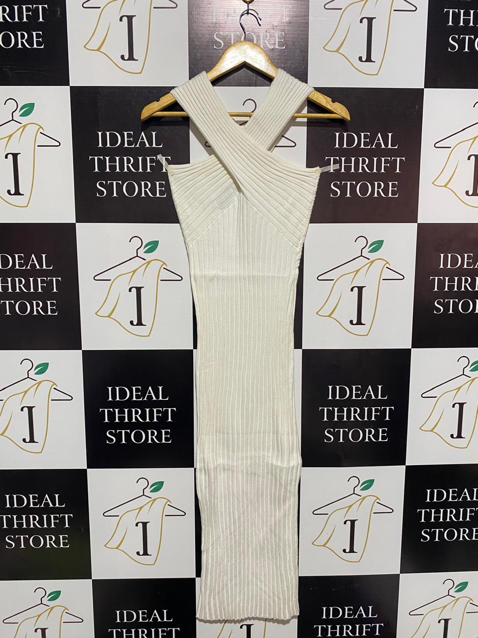 RNWY |S| BUST 13| WHITE RIBBED CRISS-CROSS HALTER MAXI DRESS