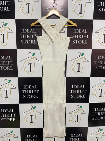 RNWY |S| BUST 13| WHITE RIBBED CRISS-CROSS HALTER MAXI DRESS