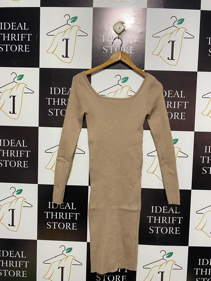 VALLEY GIRL |S| BUST 12| TAN RIBBED BUTTON-FRONT LONG SLEEVE MINI DRESS