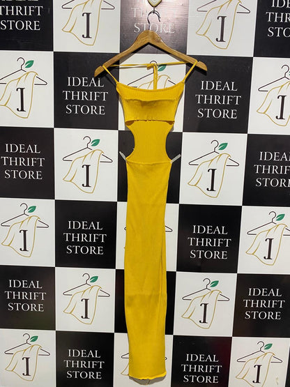 MESHKI |XS| BUST 9| VIBRANT YELLOW RIBBED HALTER CUT-OUT MAXI DRESS