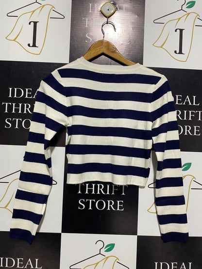 VALLEY GIRL |M| BUST 16| NAVY AND WHITE STRIPED LONG-SLEEVE CROP TOP