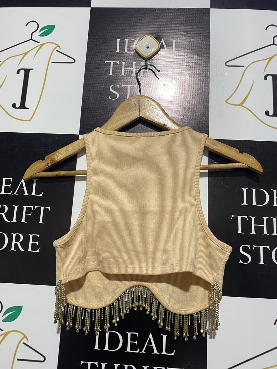 RUMOR |S| BUST 13| TAN RHINESTONE FRINGE CROP TANK