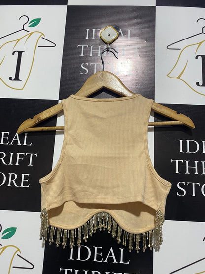 RUMOR |S| BUST 13| TAN RHINESTONE FRINGE CROP TANK