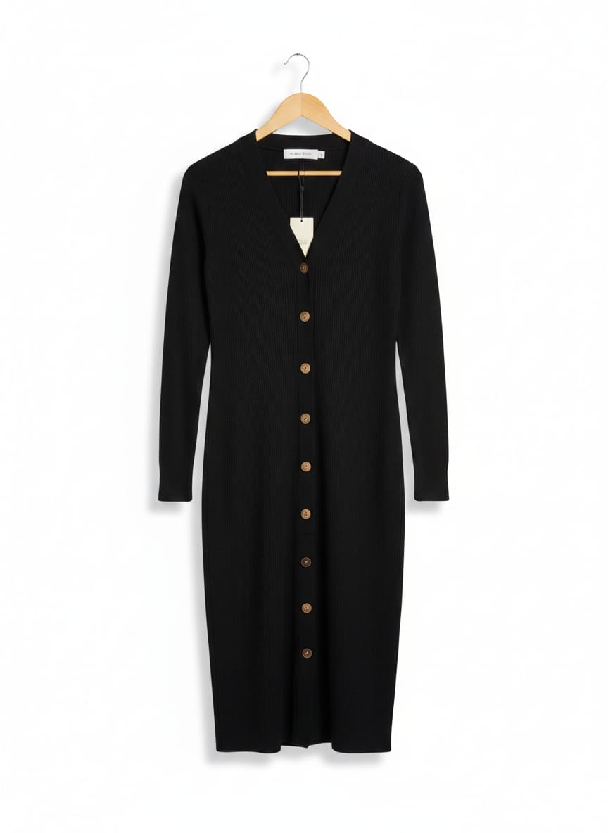 SUNNY GIRL |S| BUST 17| BLACK ESSENTIAL RIBBED BUTTON-DOWN MIDI DRESS