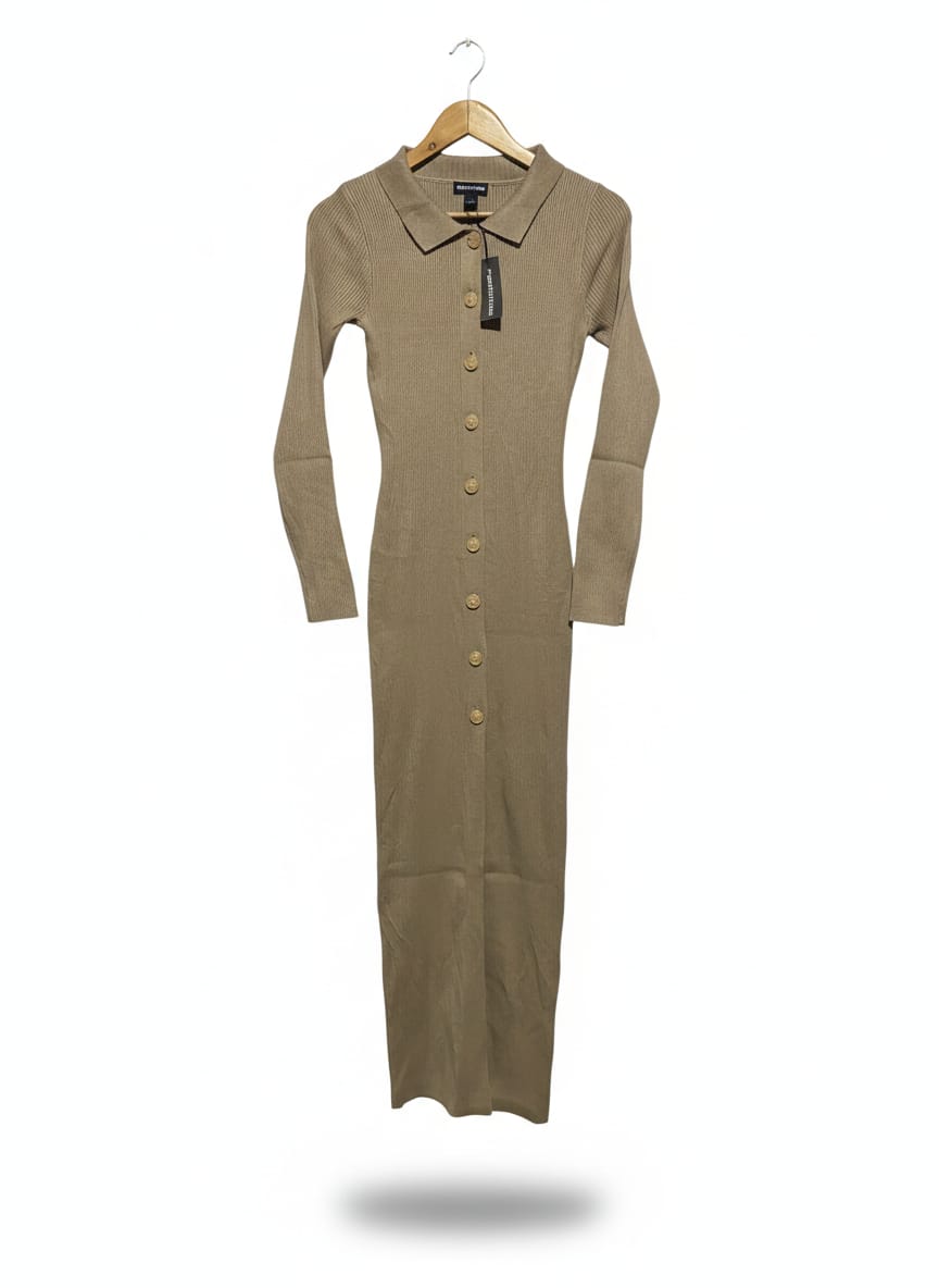 PRETTYLITTLETHING |S| BUST 13| TAUPÉ RIBBED KNIT MAXI DRESS WITH BUTTON-DOWN FRONT