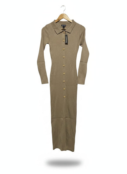 PRETTYLITTLETHING |S| BUST 13| TAUPÉ RIBBED KNIT MAXI DRESS WITH BUTTON-DOWN FRONT