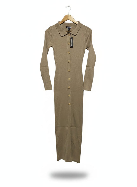 PRETTYLITTLETHING |S| BUST 13| TAUPÉ RIBBED KNIT MAXI DRESS WITH BUTTON-DOWN FRONT