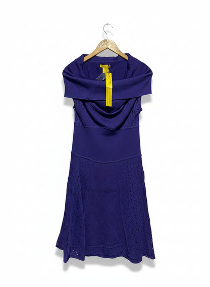 CATHERINE MALANDRINO |L| BUST 16|B10| ROYAL PURPLE COWL NECK KNIT MIDI DRESS