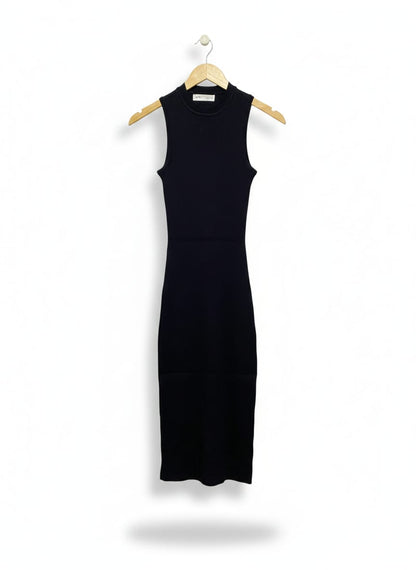SUPRE |S| BUST 10| SLEEK BLACK HIGH-NECK SLEEVELESS RIBBED MIDI DRESS