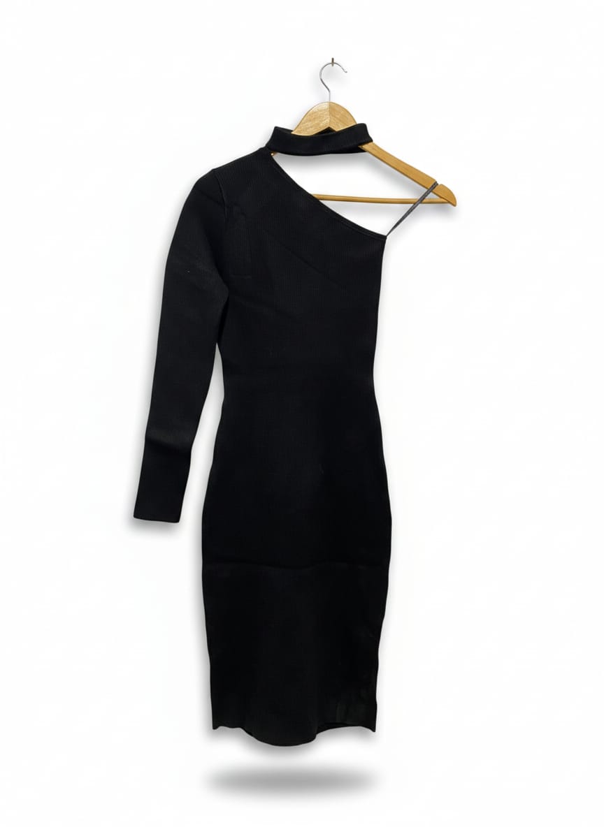 EVER NEW |S| BUST 11| SLEEK BLACK ONE-SHOULDER CHOKER NECK MIDI DRESS
